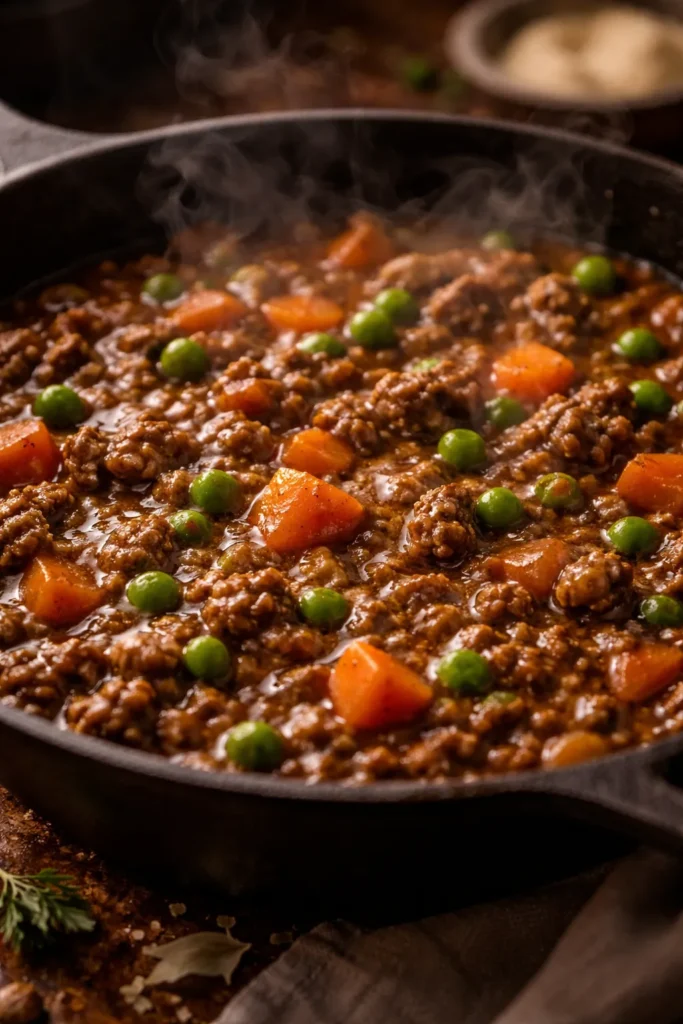 Rich shepherd's pie lamb filling bubbling in cast iron skillet with carrots peas and gravy