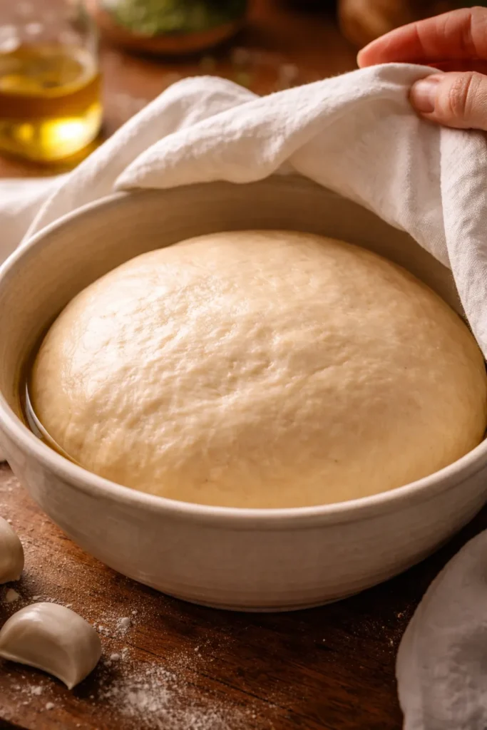 Risen pizza dough in ceramic bowl covered with linen cloth ready for shaping