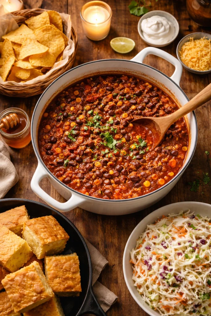 Rustic table spread showing homemade chili recipe served with cornbread, tortilla chips, and coleslaw for a complete meal