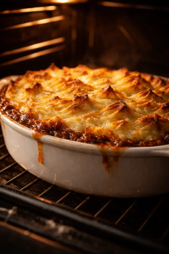 Shepherd's pie baking in oven with golden brown potato topping and bubbling filling around edges