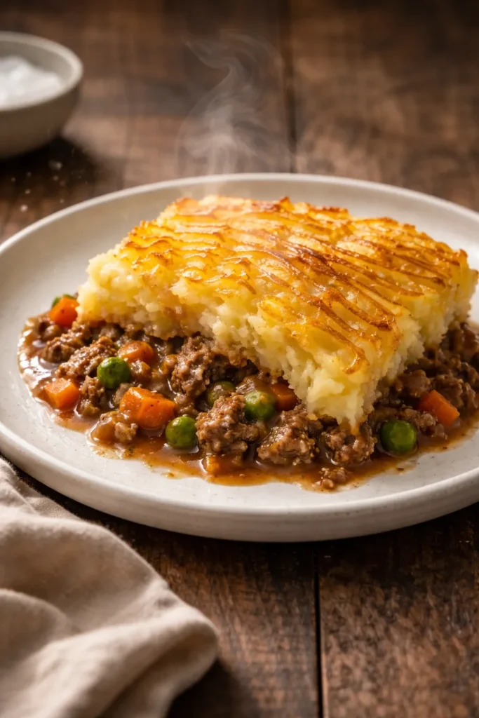 Shepherd's pie portion served on white plate with golden potato top and rich lamb filling with vegetables