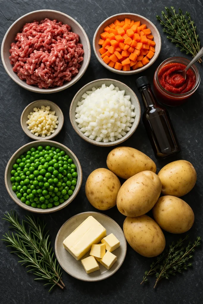 Shepherd's pie recipe ingredients flatlay including lamb, vegetables, herbs and potatoes on slate surface