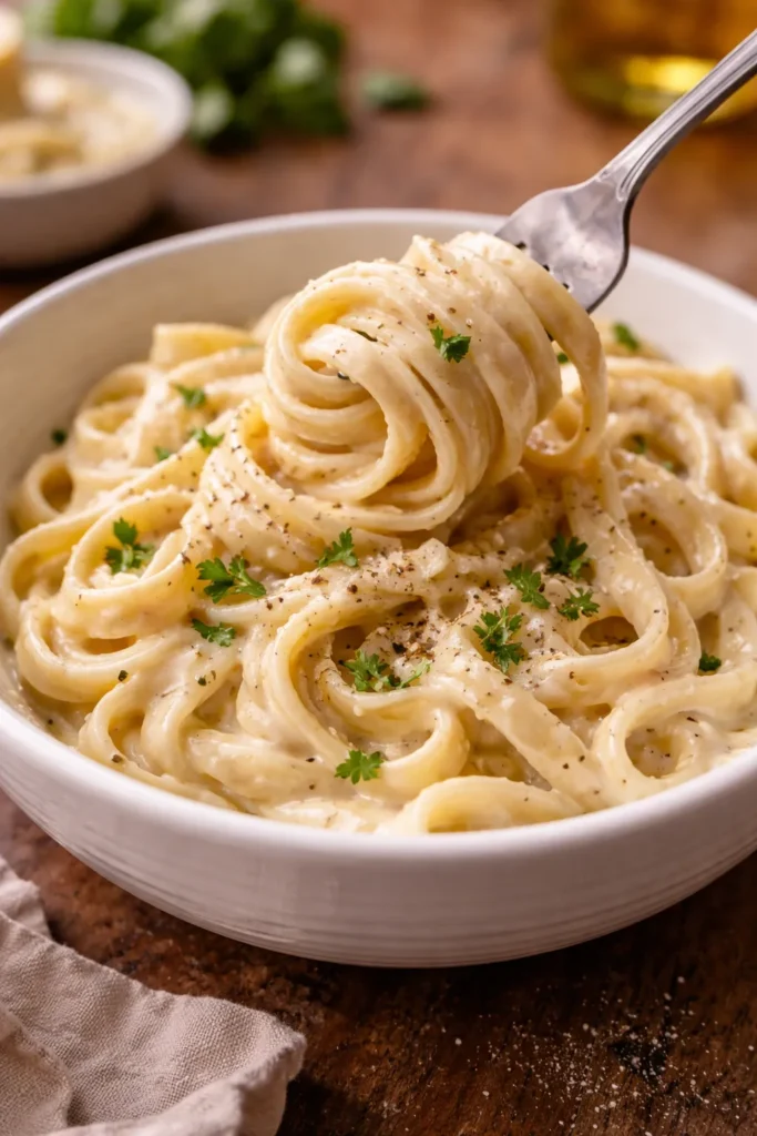  Silky Alfredo sauce recipe served over fettuccine in a white bowl with fresh parsley garnish