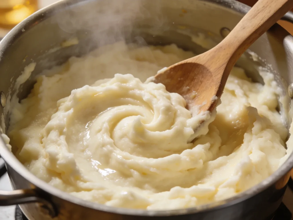 Silky smooth freshly mashed potatoes in pot with wooden spoon swirl and steam in natural kitchen light
