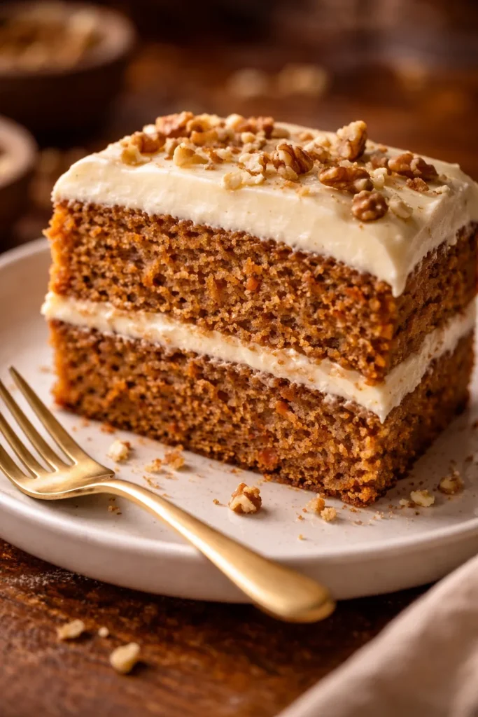  Single slice of moist carrot cake with cream cheese frosting on white plate showing layers in natural light
