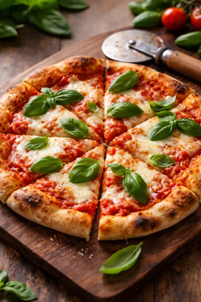 Sliced homemade Margherita pizza on wooden board with basil and pizza cutter in natural light