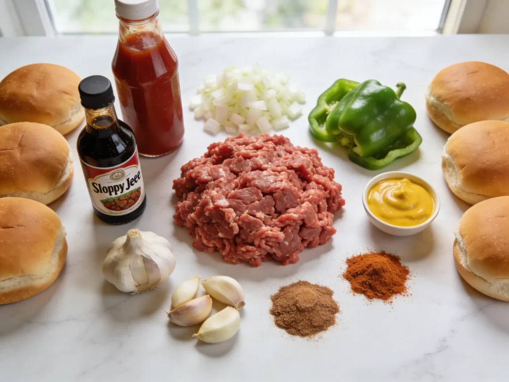 Sloppy joe recipe ingredients flatlay with ground beef onion peppers ketchup and brioche buns on white marble