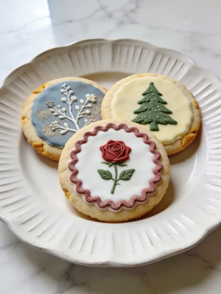 Soft decorated sugar cookies with royal icing on a wooden board — perfect sugar cookie recipe for decorating