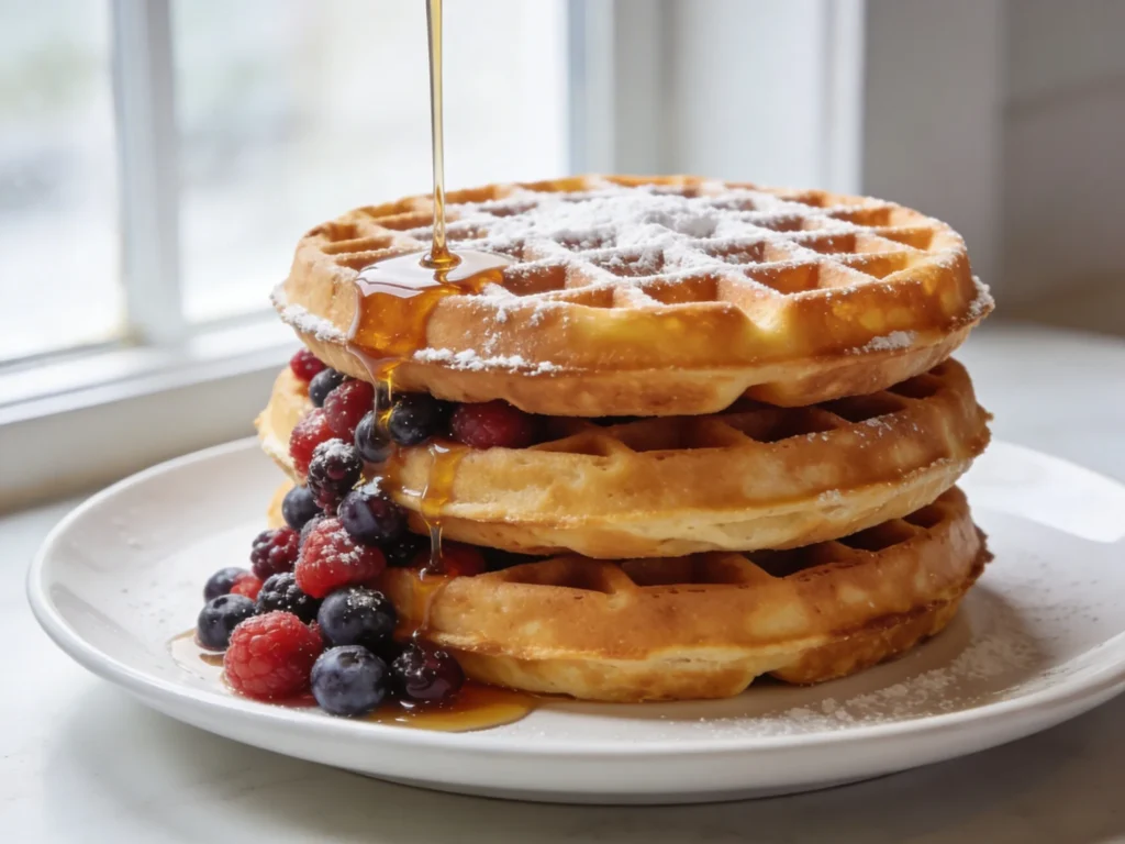 Stack of three crispy Belgian waffles with berries maple syrup and powdered sugar on white plate in natural light