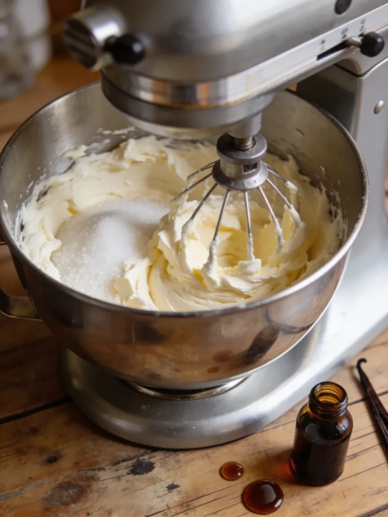 Stand mixer bowl with creamed butter and sugar for homemade sugar cookie recipe, natural light kitchen