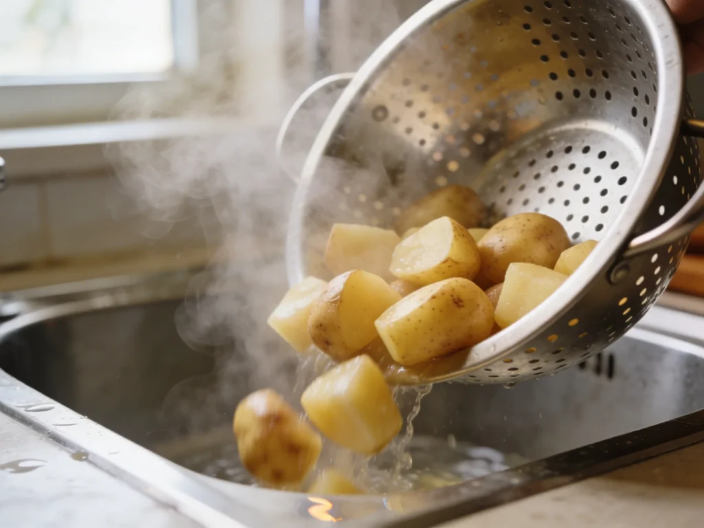  Steaming cooked potatoes being drained through colander for creamy mashed potatoes recipe