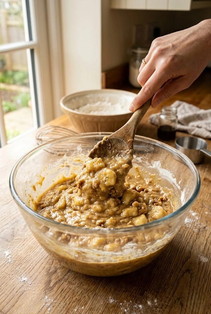 Thick banana bread batter being folded gently in a glass mixing bowl with a wooden spoon"