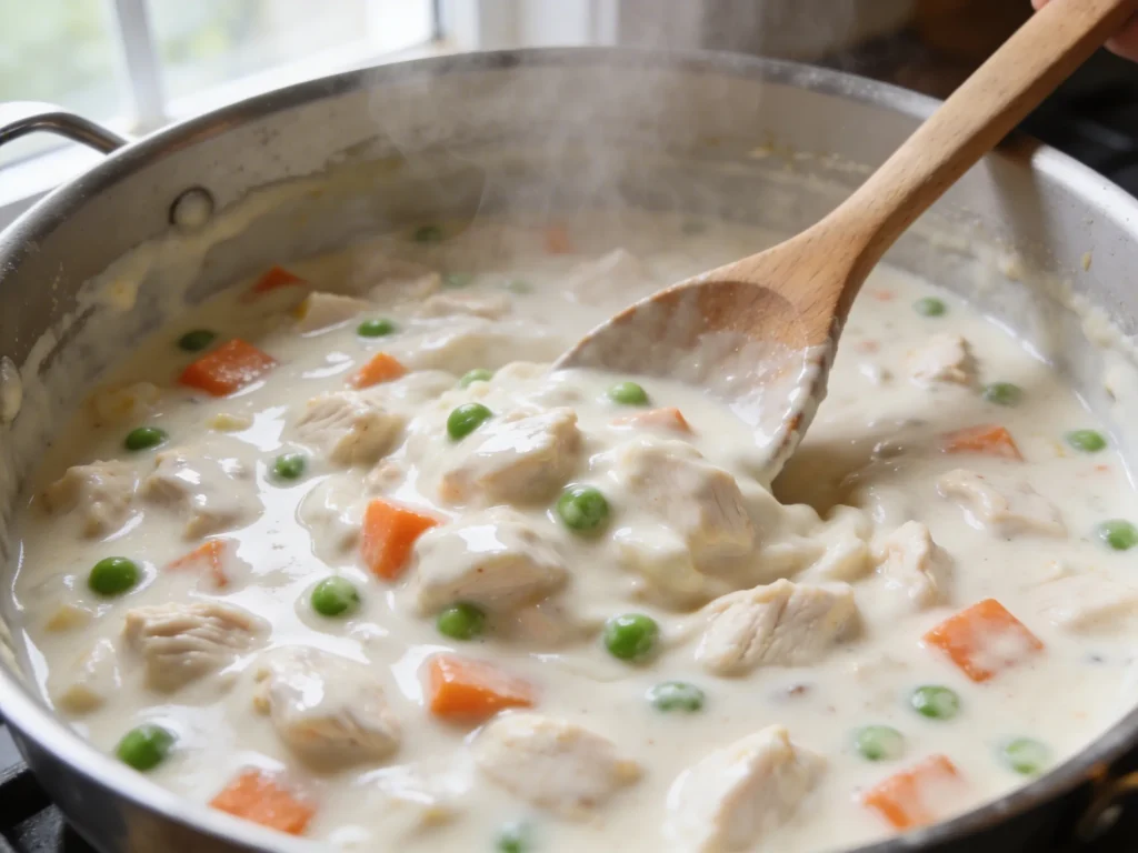 Thick creamy chicken pot pie filling being stirred in saucepan with vegetables and wooden spoon in natural light
