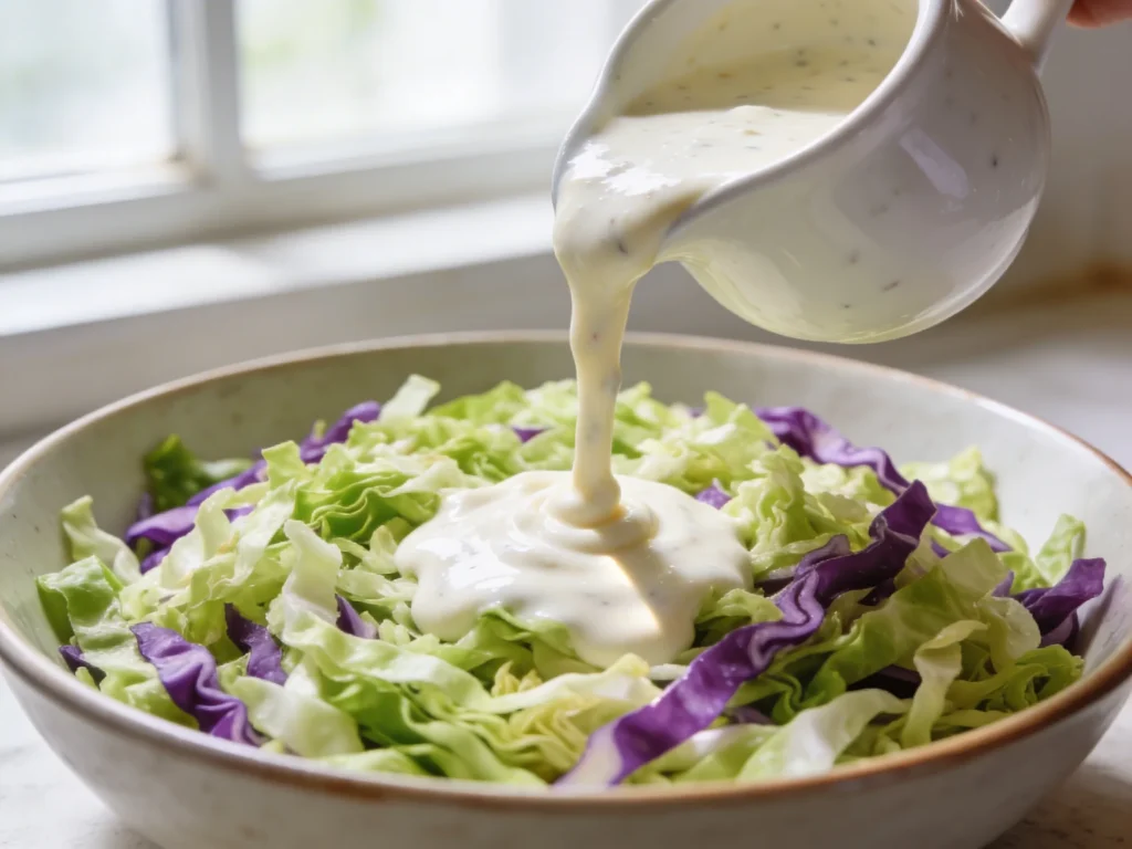 Thick creamy coleslaw dressing being poured over shredded green and purple cabbage in bowl in natural light
