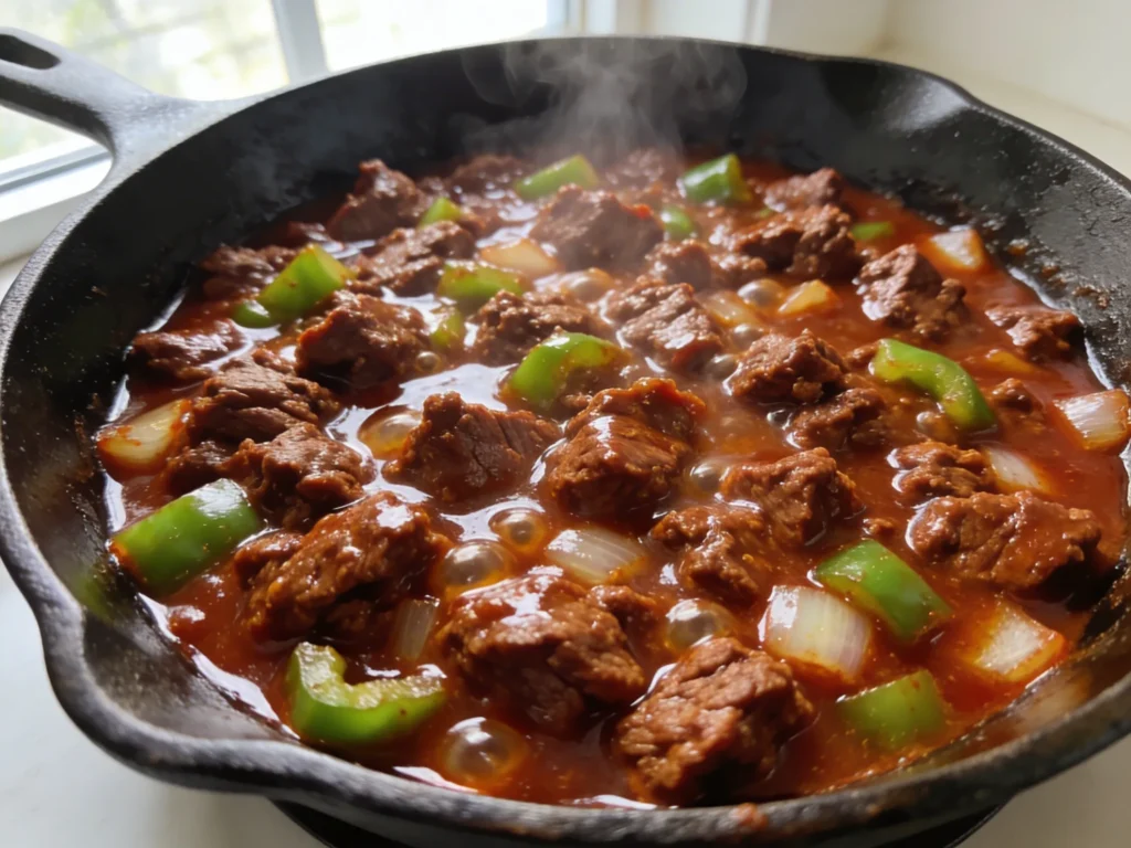  Thick glossy sloppy joe beef filling bubbling in cast iron skillet with rich sauce in natural light