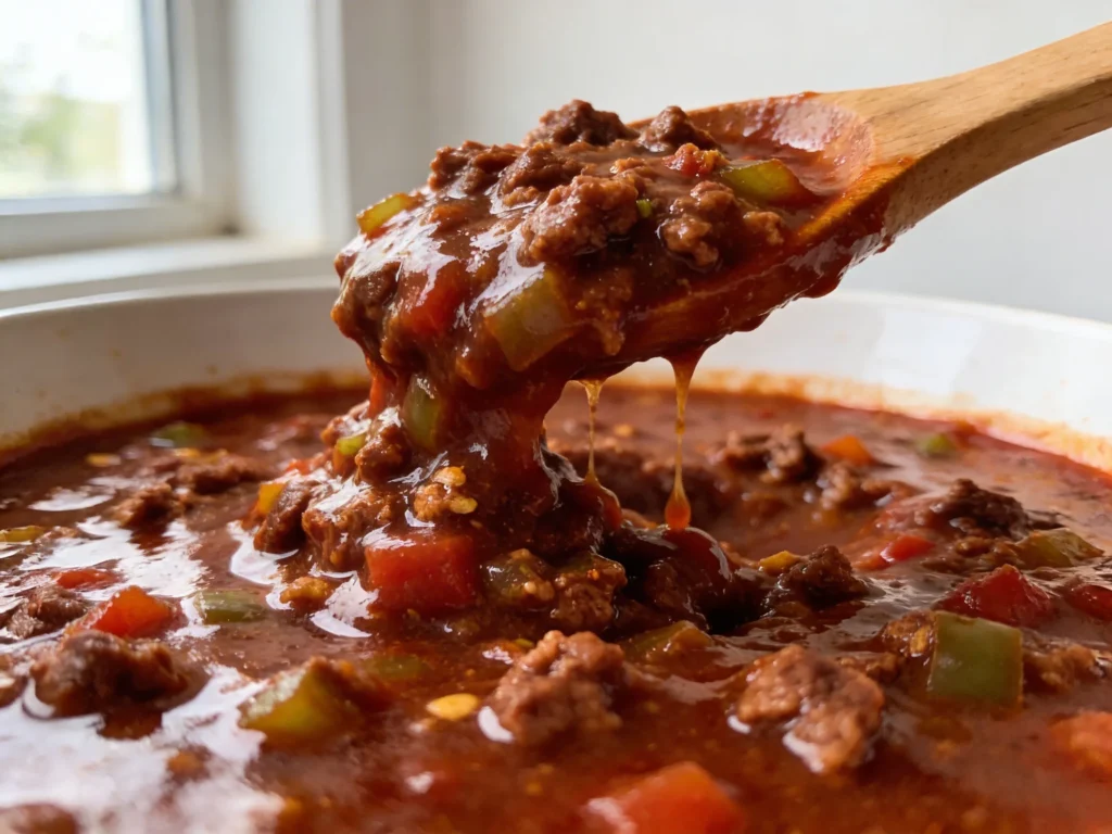 Thick glossy sloppy joe filling on wooden spoon showing perfect sauce consistency in clean natural light
