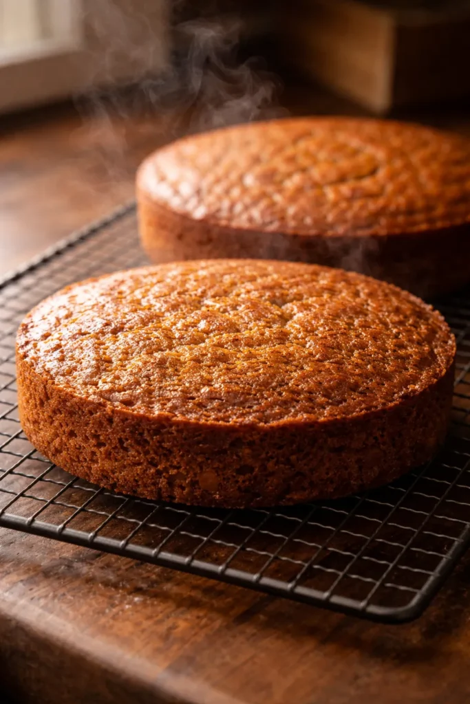  Two golden baked carrot cake layers cooling on wire rack in warm natural light
