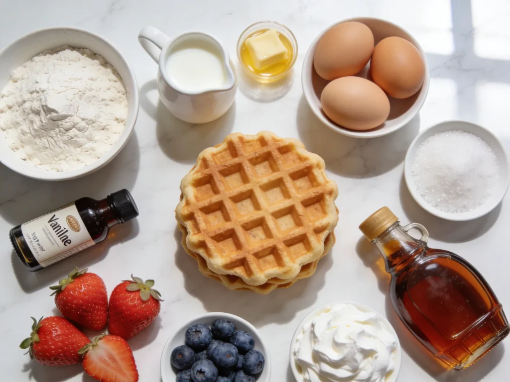 Waffle recipe ingredients flatlay with flour eggs milk butter berries and maple syrup on white marble surface
