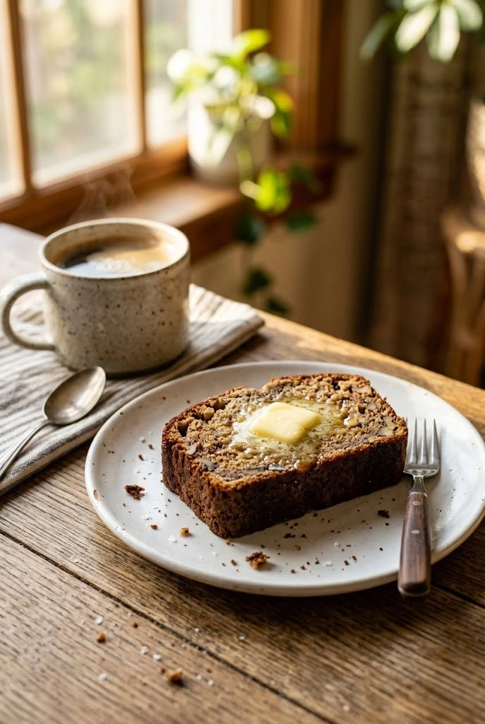 Warm slice of banana bread on white plate with melting butter and hot coffee cup in morning kitchen sunlight