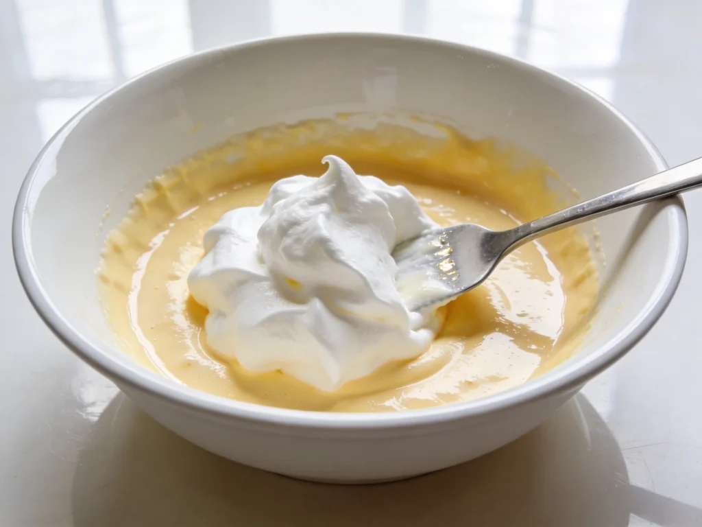Whipped egg whites being folded into waffle batter in white ceramic bowl for fluffy waffle recipe