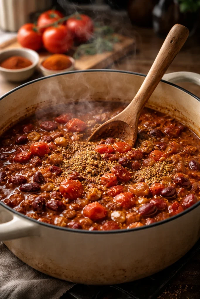  Wooden spoon stirring rich deep-red chili recipe mixture in a large pot after adding tomatoes and beef broth