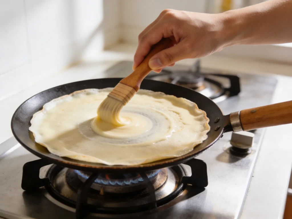 A hand tilting and swirling a crepe pan over a gas burner to spread thin crepe batter evenly across the surface