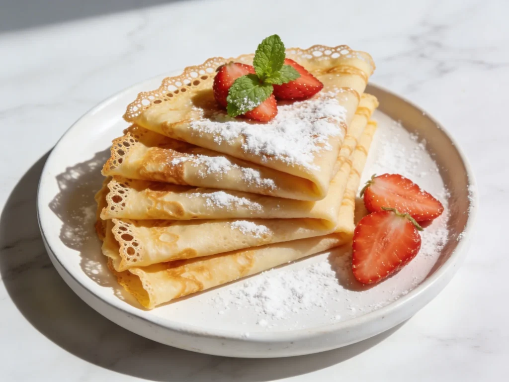 A stack of thin folded French crepes dusted with powdered sugar and served with fresh strawberries on a white ceramic plate