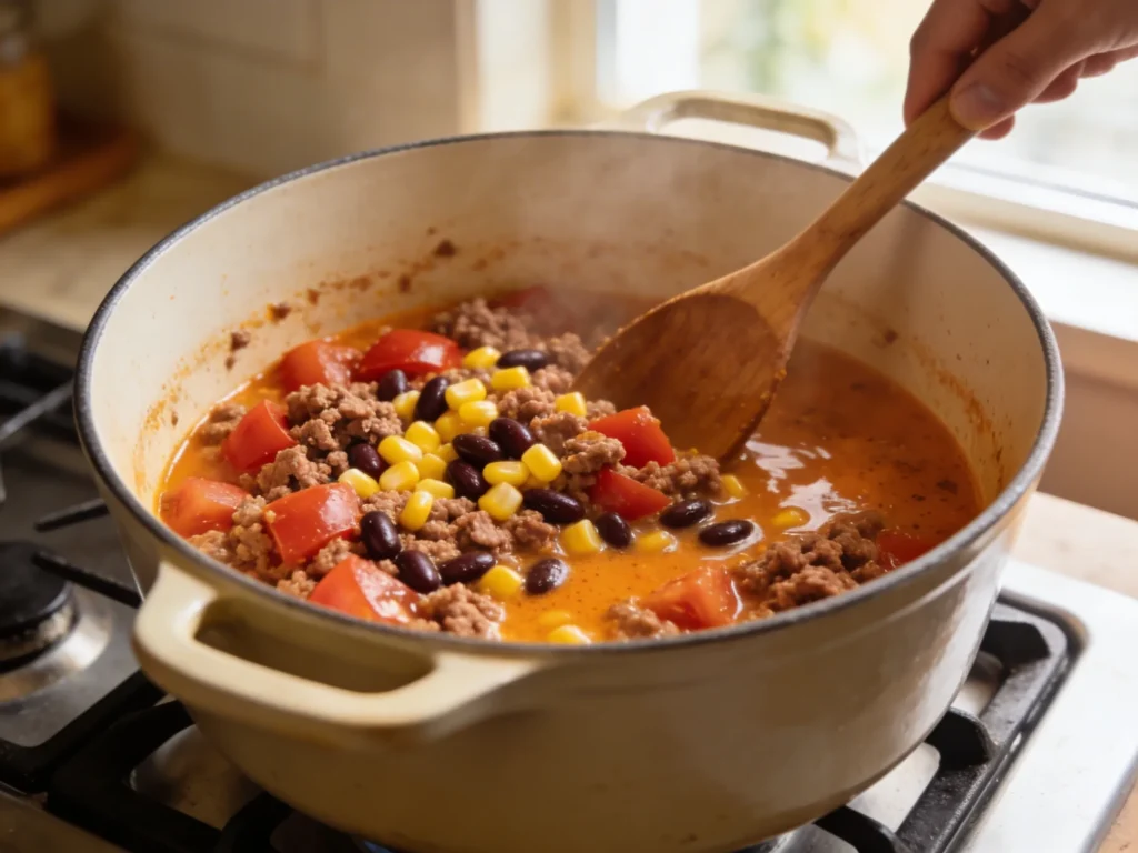 A wooden spoon stirring canned tomatoes, beans, and corn into seasoned ground beef inside a large Dutch oven on a stovetop