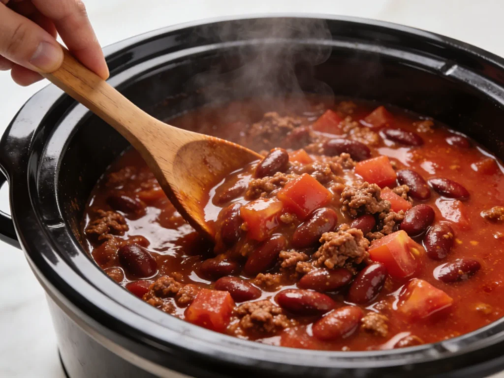 A wooden spoon stirring thick slow cooker chili with kidney beans and ground beef inside a black crockpot insert.