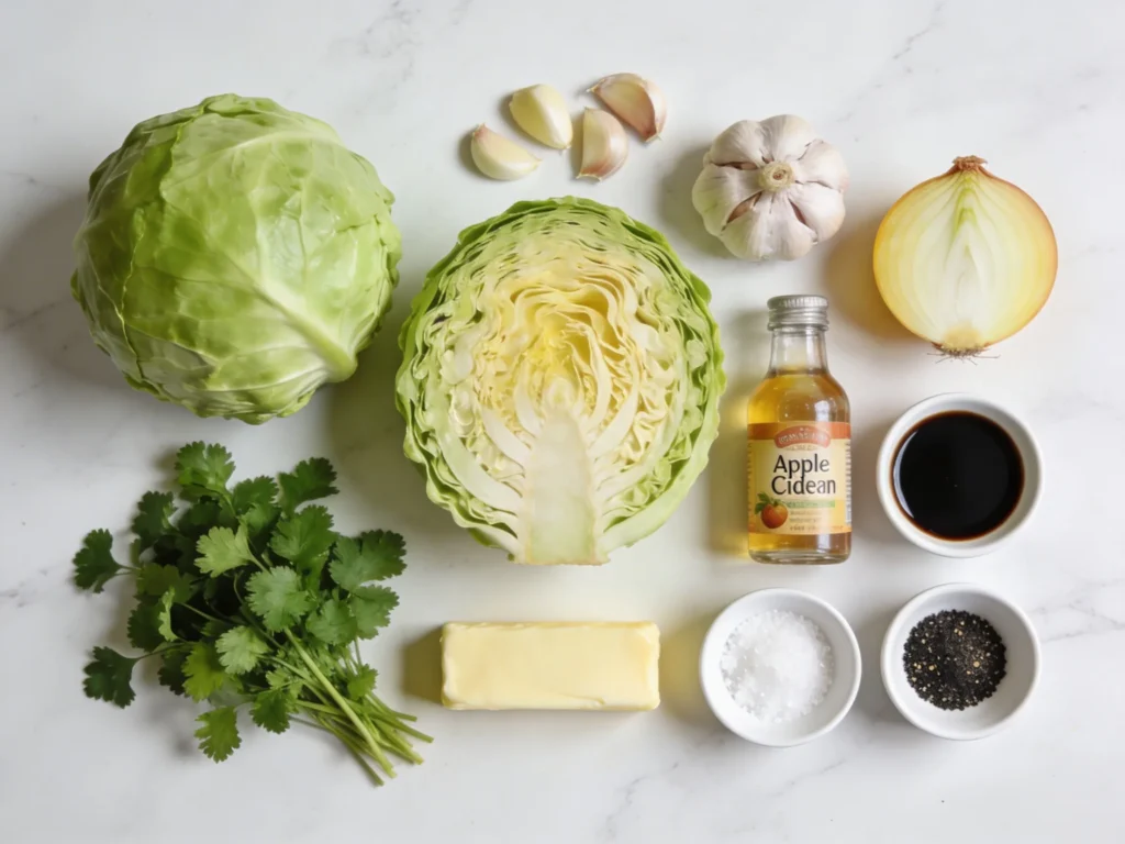 Cabbage recipe ingredients flatlay showing halved green cabbage, garlic, onion, soy sauce, apple cider vinegar, butter, and spices on white marble