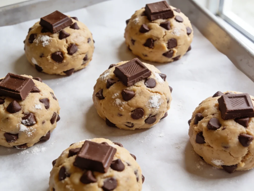 Chocolate chip cookie dough balls with extra chocolate chunks on parchment lined baking sheet ready to bake in natural light