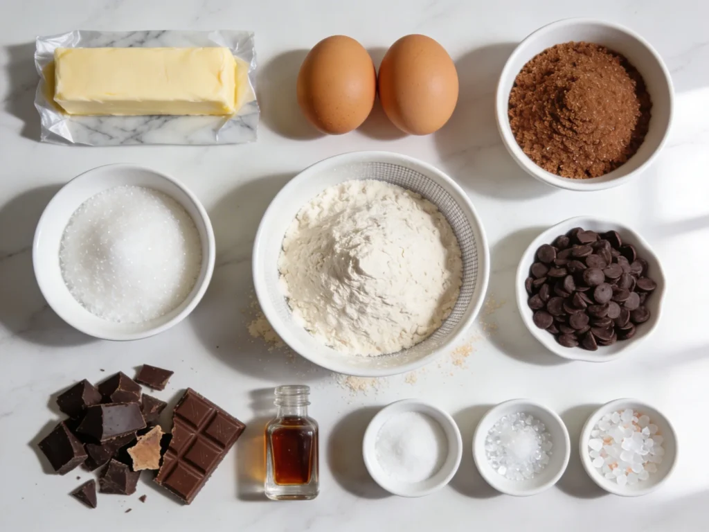 Chocolate chip cookies recipe ingredients flatlay with butter eggs brown sugar flour chocolate chips and vanilla on white marble