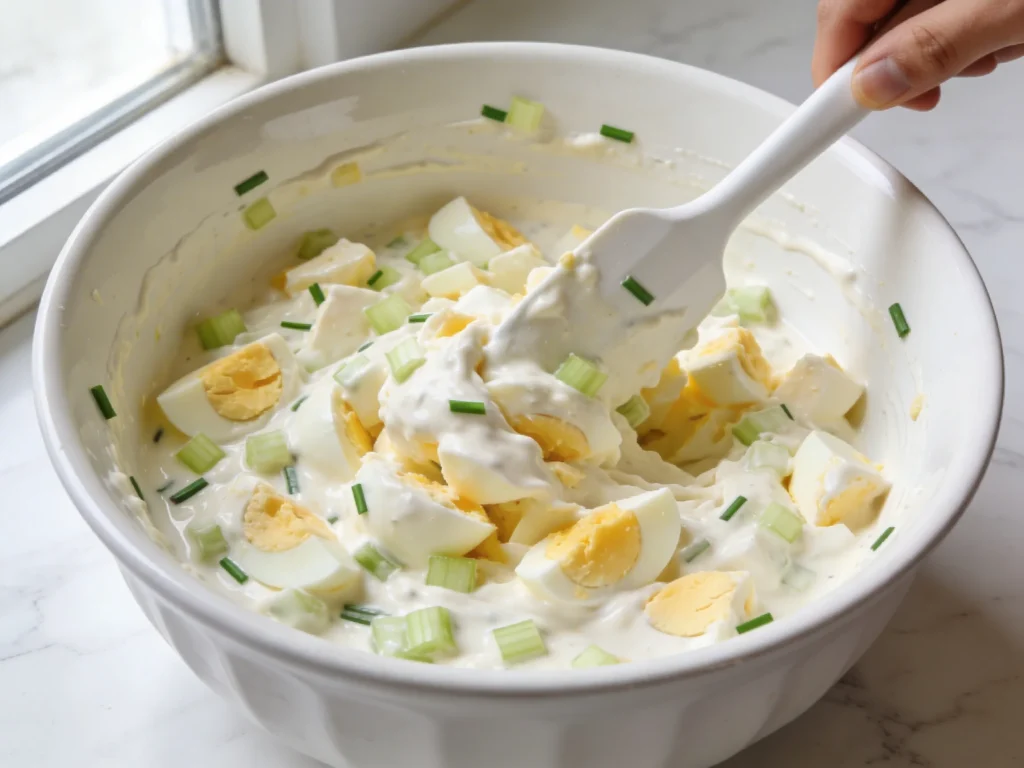 Chopped hard boiled eggs being gently folded into creamy dressing with chives and celery in white ceramic bowl for homemade egg salad recipe