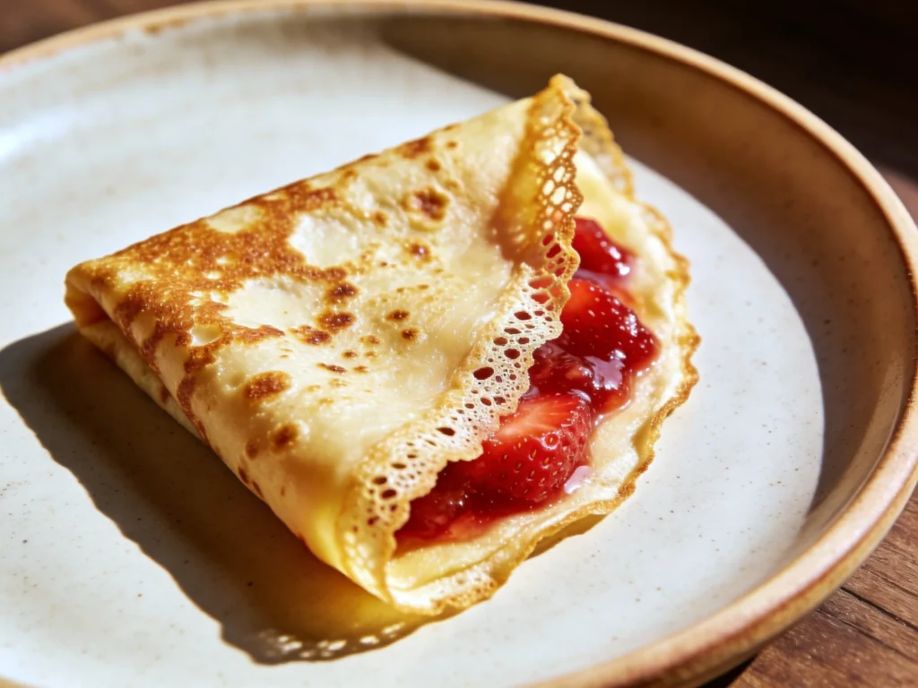 Close-up of a golden-brown French crepe folded into a triangle with lacy edges and a visible strawberry jam filling on a ceramic plate
