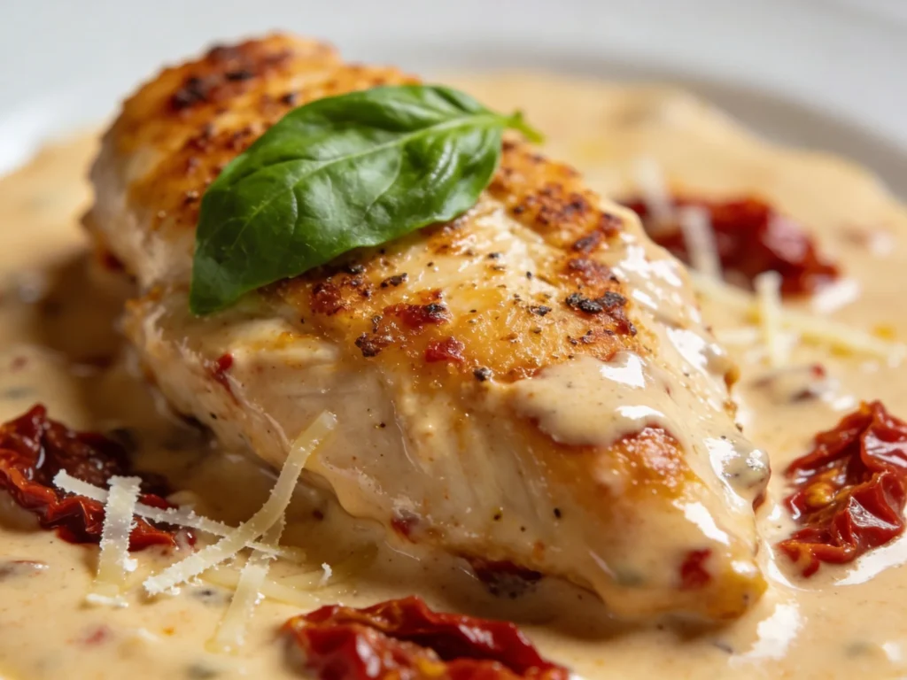 Close-up of a golden-seared marry me chicken breast in a rich, velvety cream sauce with sun-dried tomatoes, parmesan, and a fresh basil garnish
