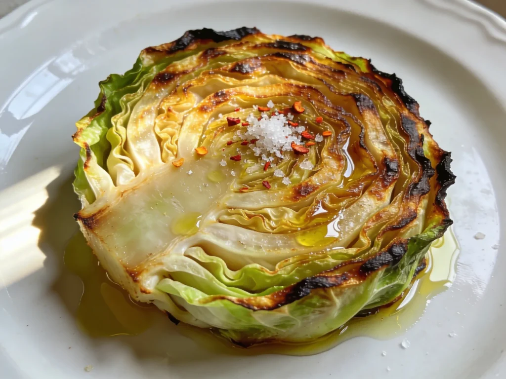 Close-up of a pan-fried cabbage steak on a white plate with caramelized golden edges, olive oil drizzle, and chili flakes in natural light