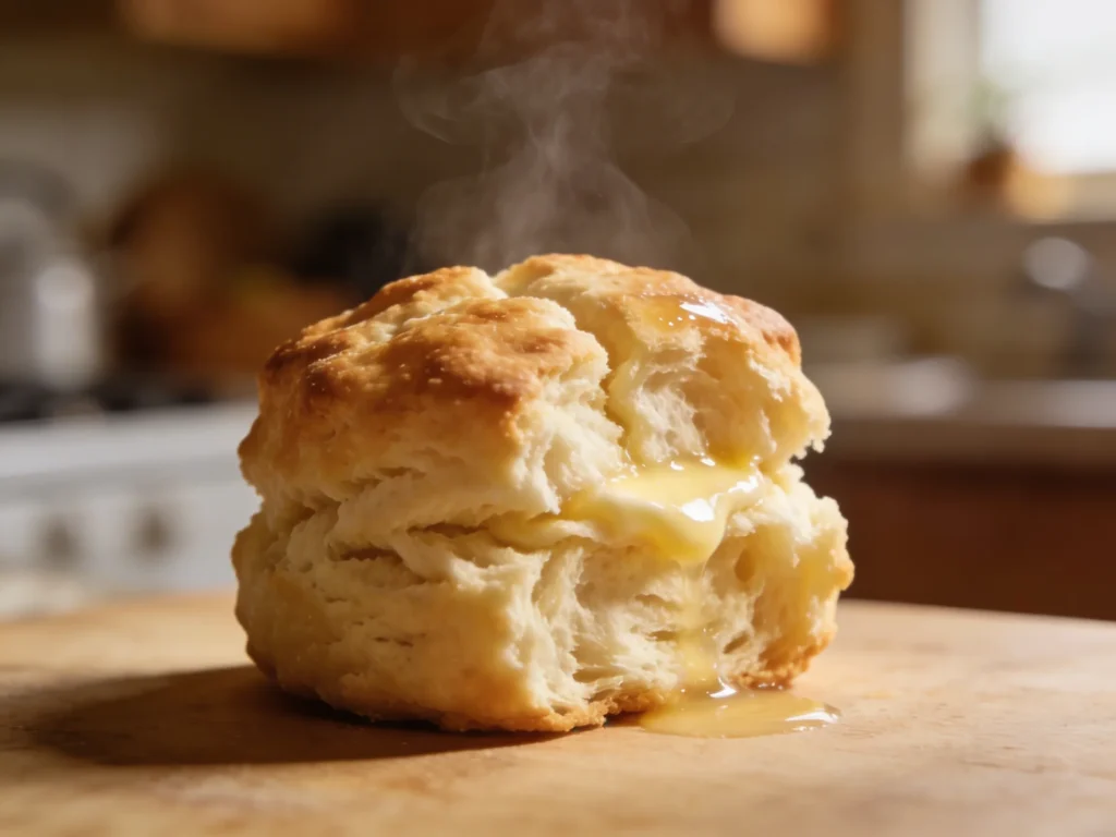 Close-up of a pulled-apart homemade biscuit showing the fluffy, layered interior with butter glistening on the surface