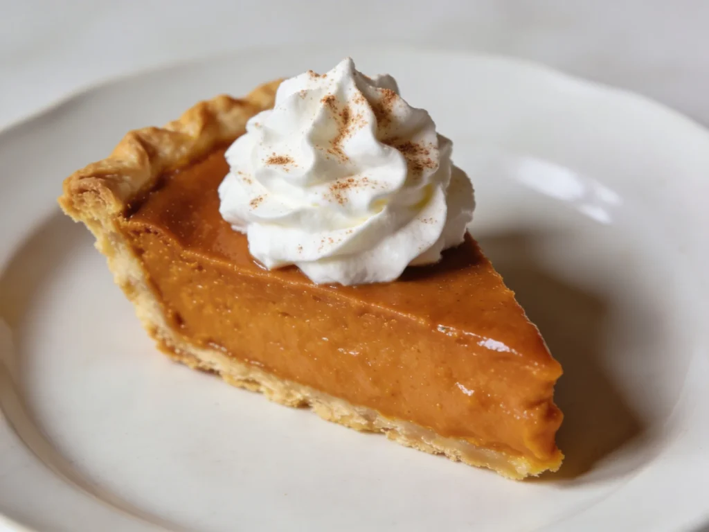 Close-up of a single pumpkin pie slice on a white plate showing the smooth amber filling and flaky crust, topped with whipped cream and a dusting of cinnamon.