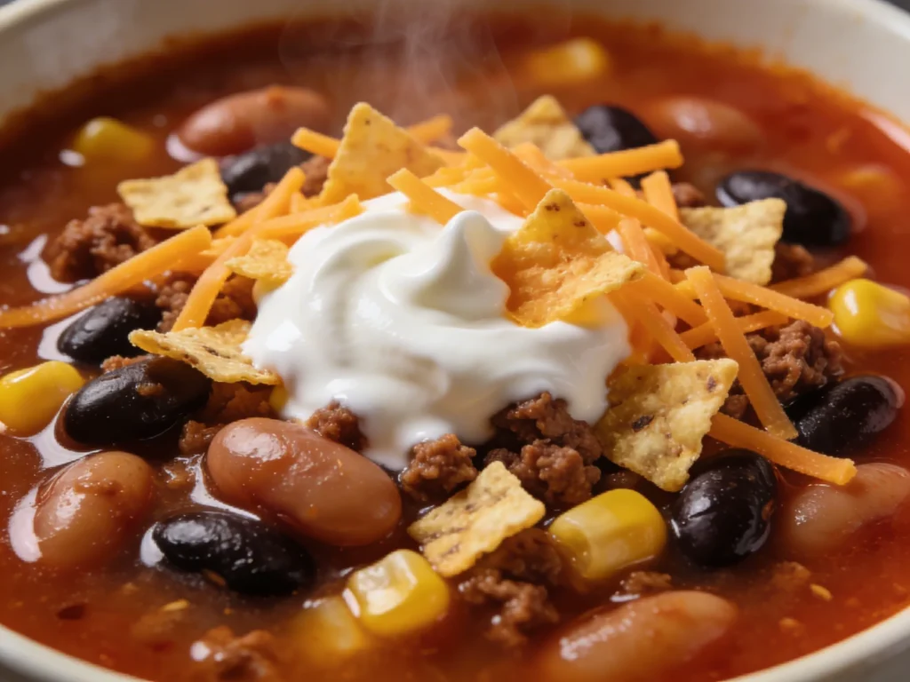 Close-up of a taco soup bowl showing rich reddish broth, black beans, corn, ground beef, and a swirl of sour cream with crushed tortilla chips on the surface