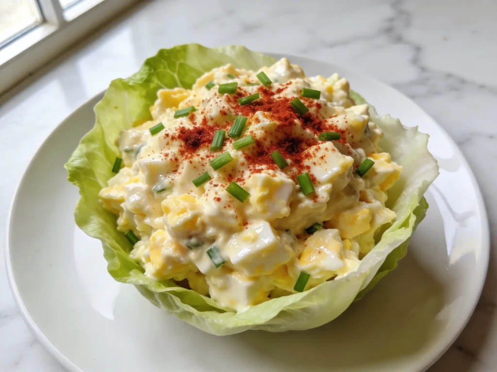 Close-up of creamy egg salad in butter lettuce cup with chunky egg pieces fresh chives and smoked paprika garnish on white plate in natural light