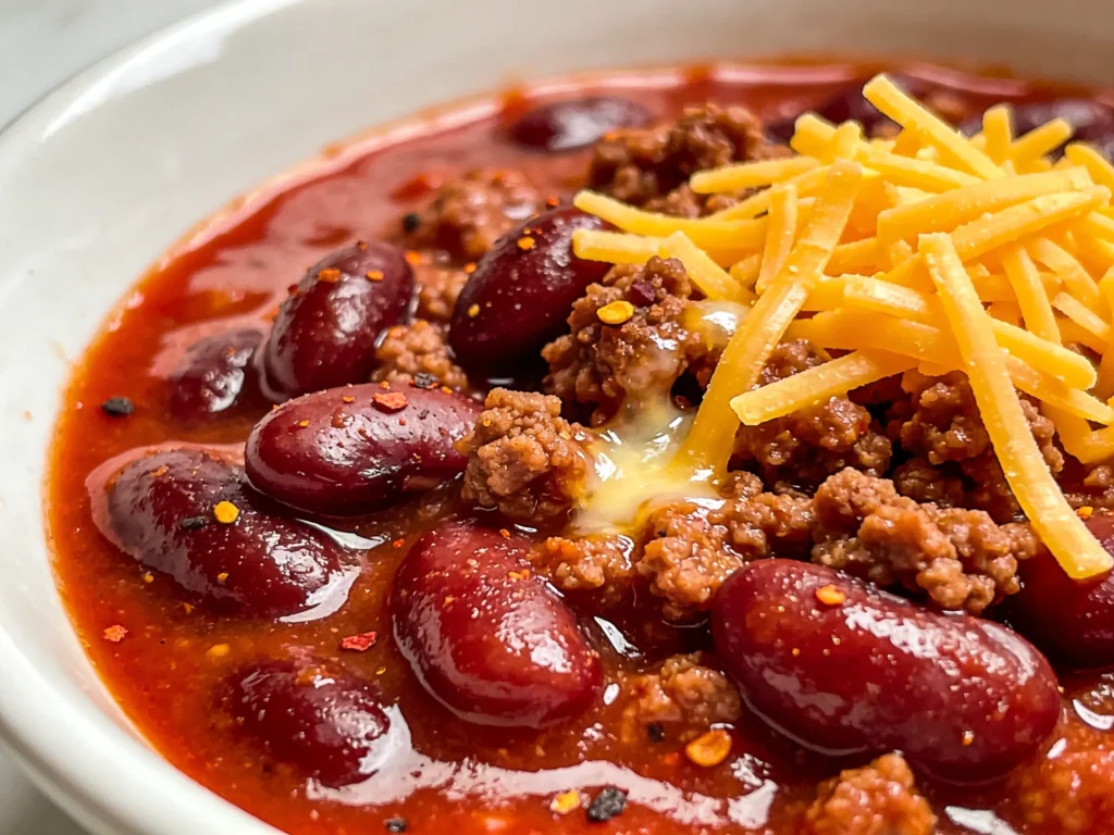 Close-up of slow cooker crockpot chili showing glossy red sauce, plump beans, ground beef, and melting shredded cheese in a white bowl.