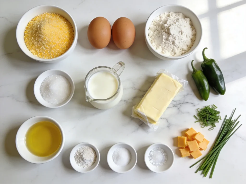 Cornbread recipe ingredients flatlay with cornmeal flour eggs buttermilk butter and sugar on white marble surface