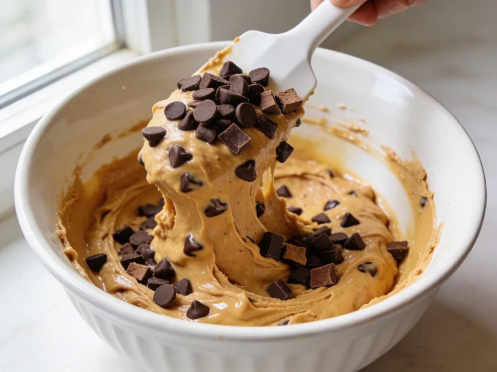 Dark chocolate chips and chunks being folded into thick golden cookie dough in white bowl for chocolate chip cookies recipe
