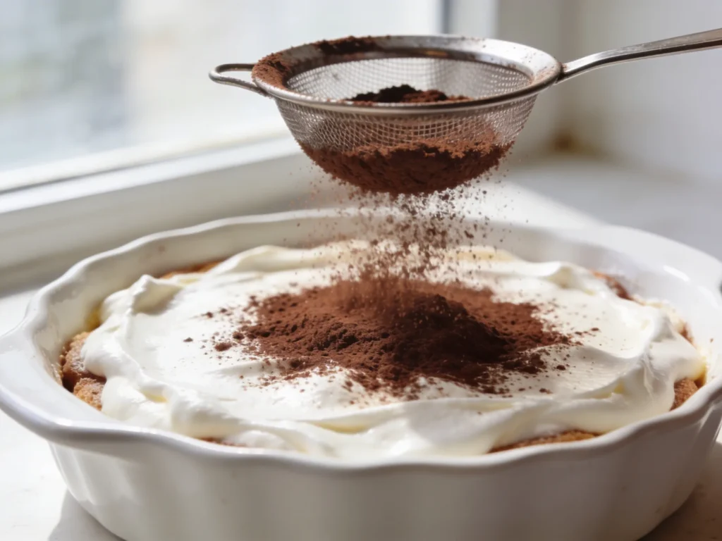 Dark cocoa powder being dusted through fine sieve over white mascarpone cream layer of tiramisu recipe in natural light