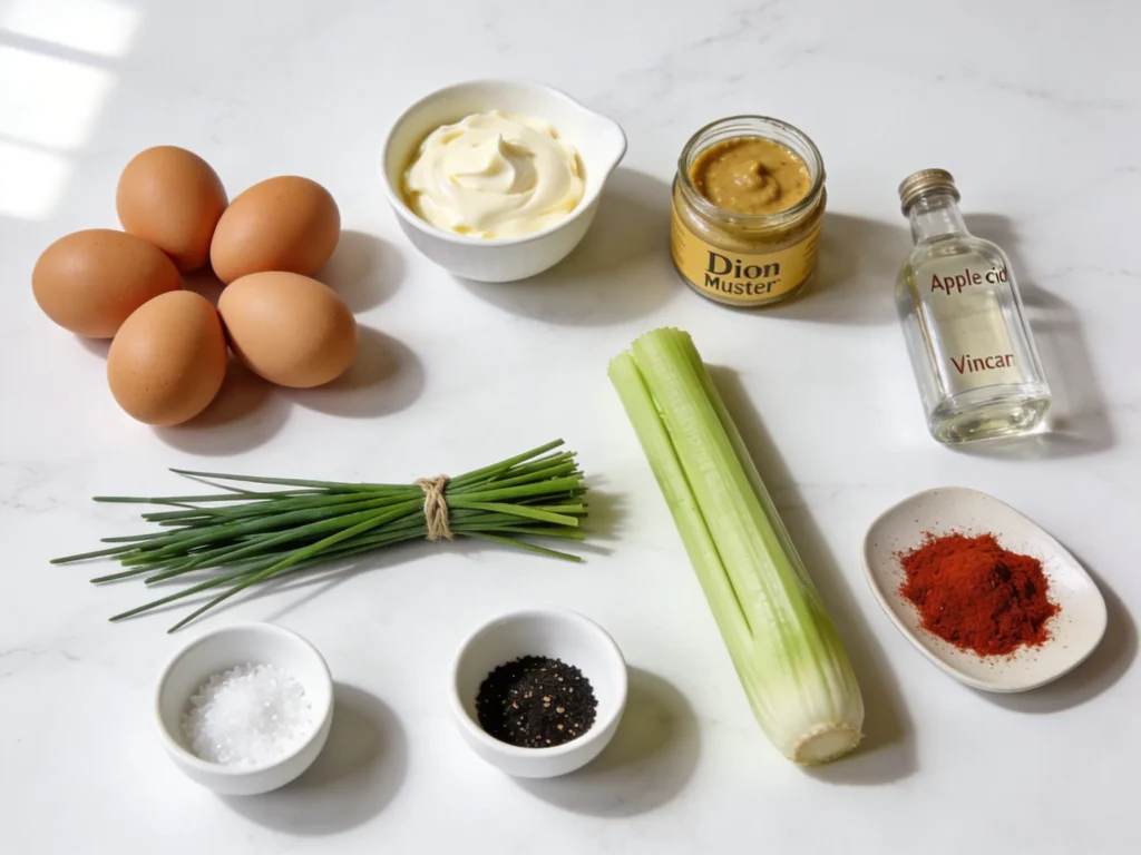 Egg salad recipe ingredients flatlay with brown eggs mayonnaise Dijon mustard chives celery and spices on white marble surface