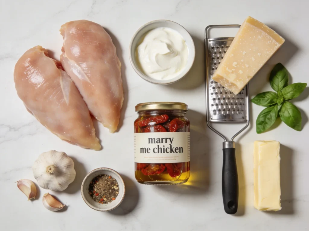 Flat lay of marry me chicken ingredients including raw chicken breasts, sun-dried tomatoes, parmesan, heavy cream, garlic, and fresh herbs on a marble surface