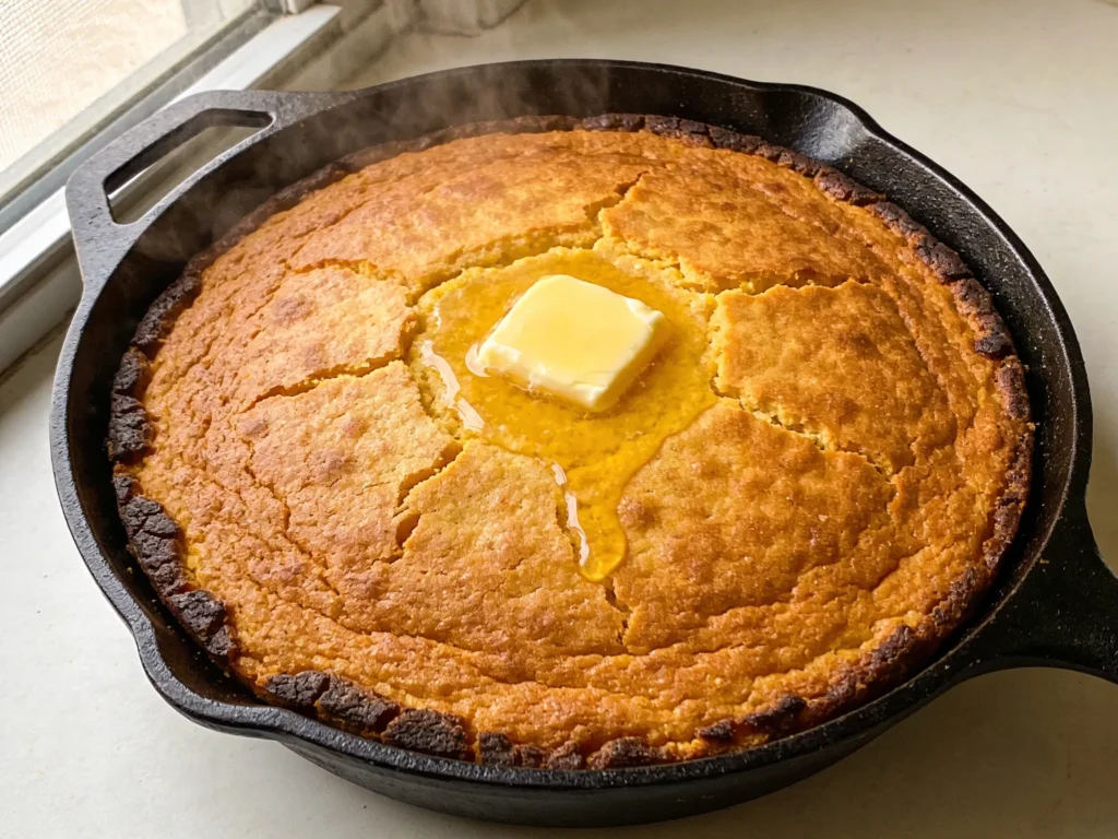 Fluffy Southern cornbread recipe in black cast iron skillet with golden top and melting butter in natural light
