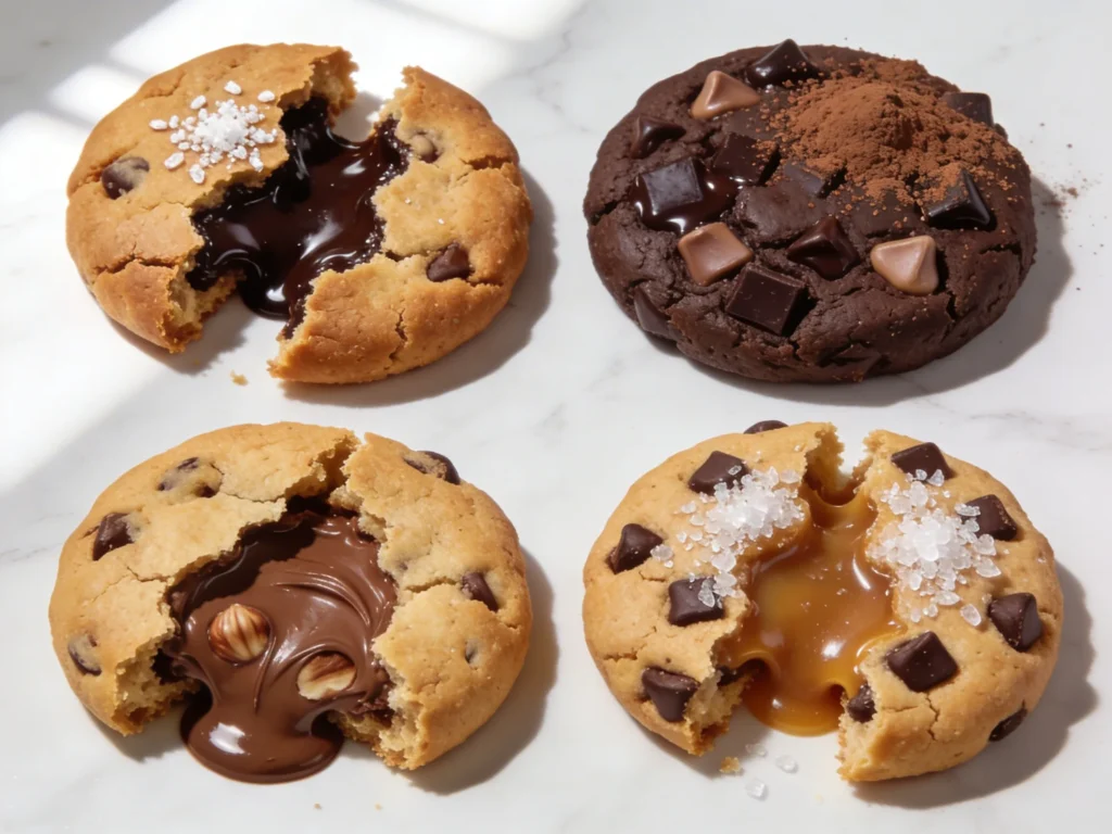 Four chocolate chip cookies recipe variations including classic double chocolate Nutella stuffed and caramel on white marble