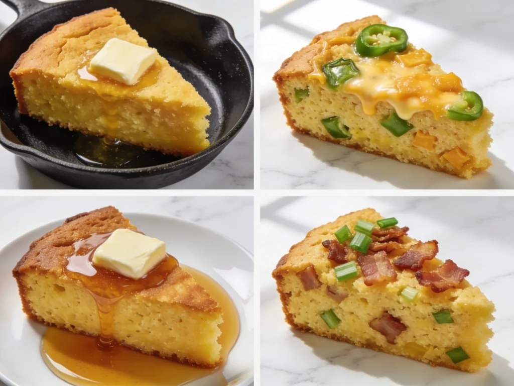 Four cornbread recipe variations including classic jalapeño cheddar honey and bacon scallion on white marble surface