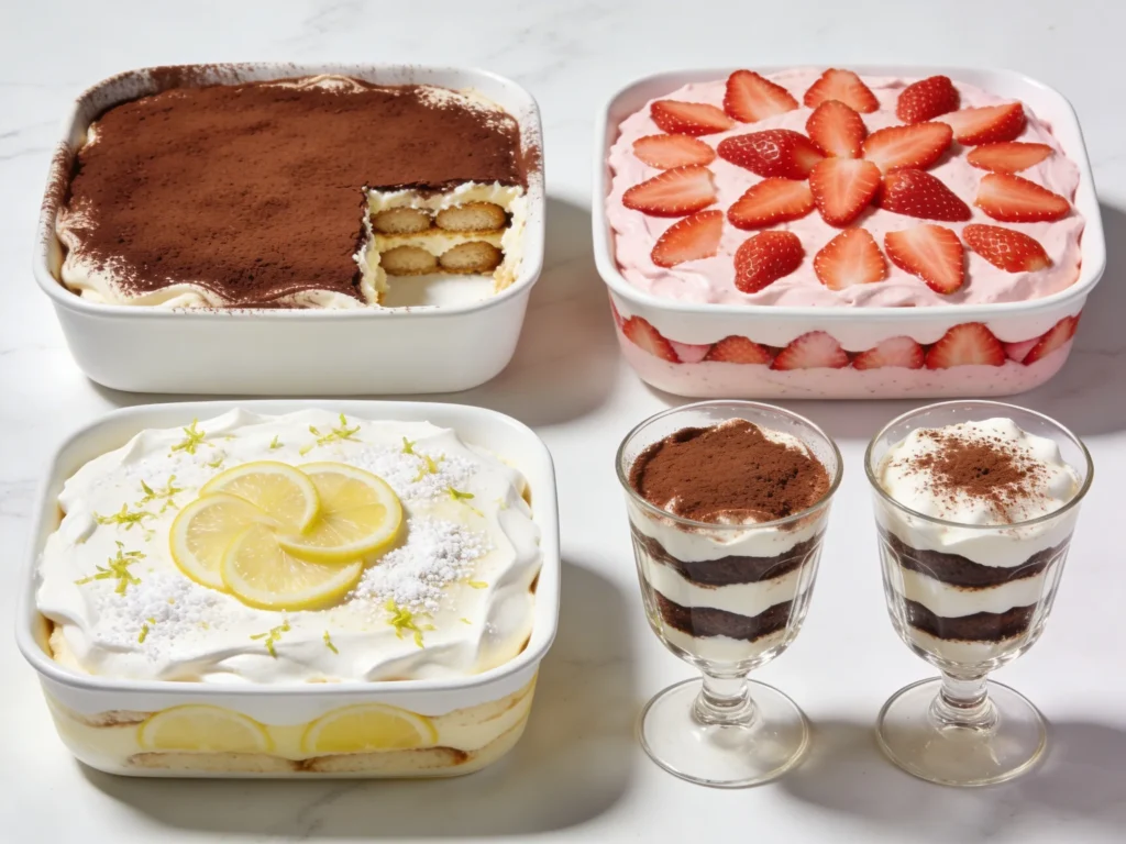 Four tiramisu recipe variations including classic strawberry limoncello and individual cups on white marble surface